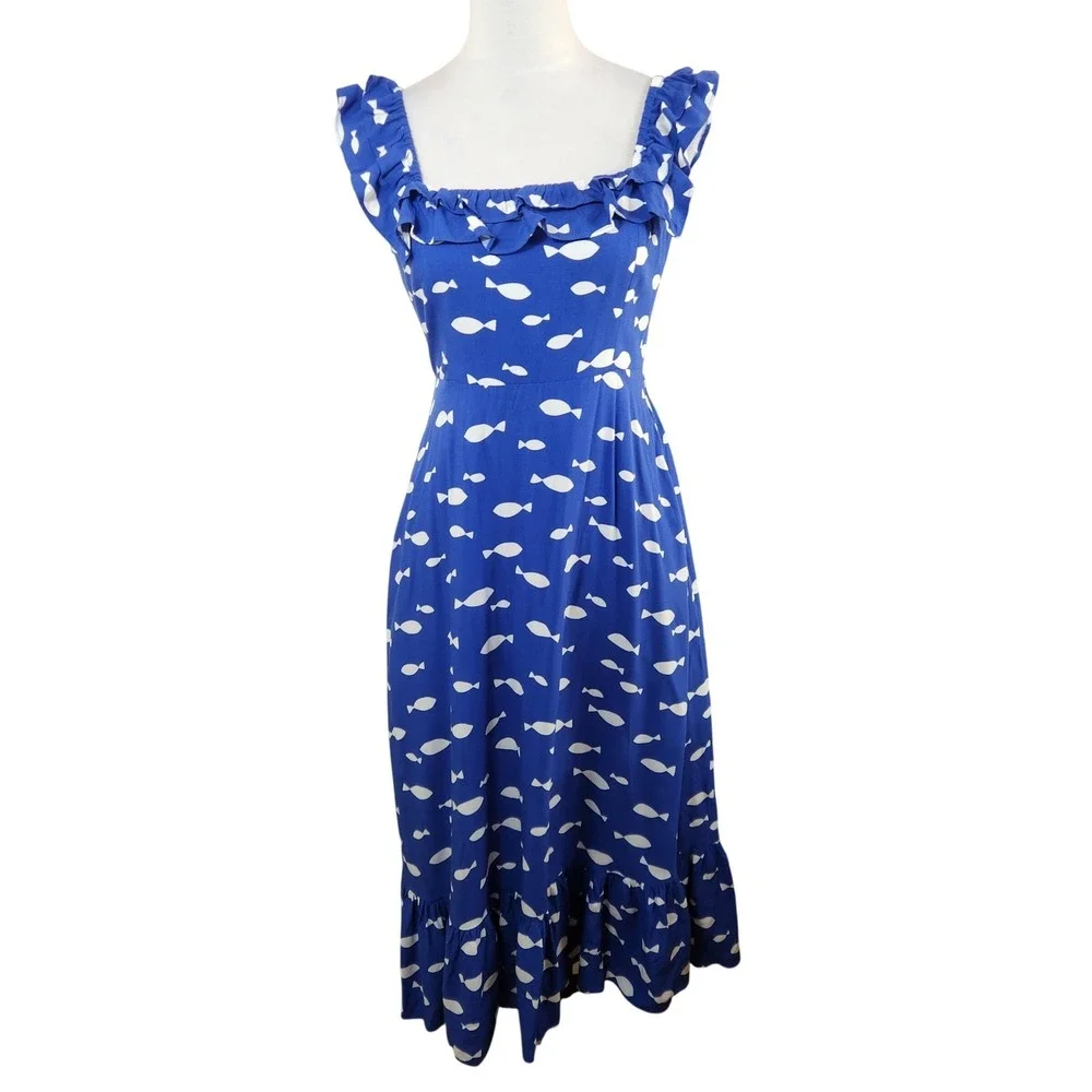 Kate Spade New York Blue White‎ Fish Print Ruffle Midi Dress KH207 Small S